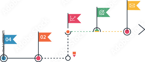 Business timeline roadmap with milestones flags, project progress steps, goal tracking strategy, workflow planning, growth journey infographic illustration concept design