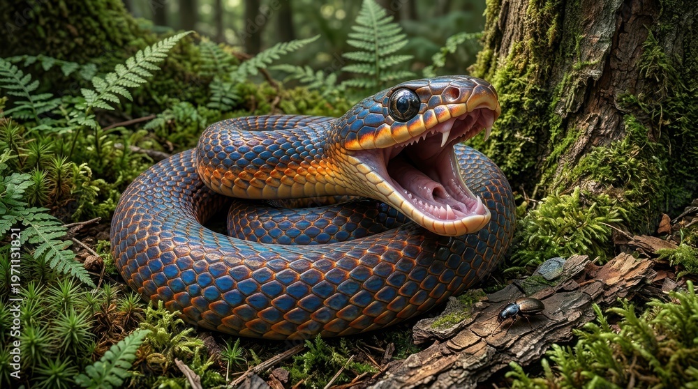 Fototapeta premium A stunning snake with vibrant colors coils, poised in a lush, verdant environment. Its mouth is open, revealing its fangs, surrounded by verdant nature 
