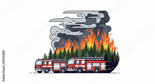 Two red emergency vehicles approach a raging forest fire with dark smoke clouds