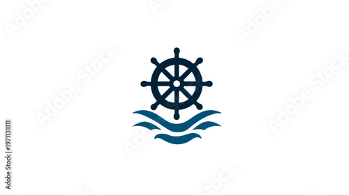 Vector graphic of a dark blue ship's wheel above stylized ocean waves, symbolizing nautical travel, navigation, and maritime themes.