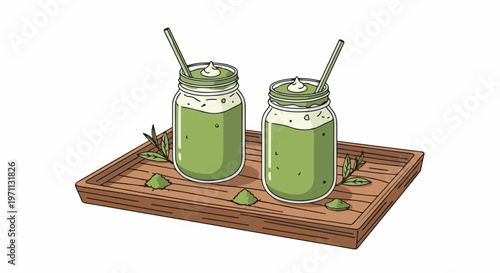 Two refreshing green drinks in mason jars with straws