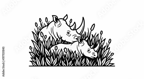 Two rhinos, one larger than the other, emerge from tall grasses