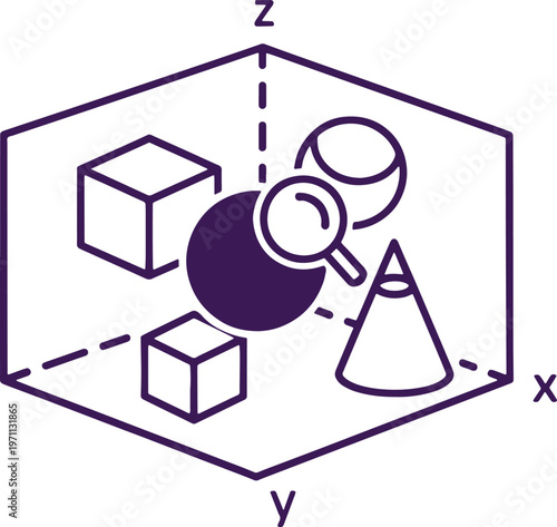 Isometric 3 D of a whisk and magnifying glass with geometric shapes