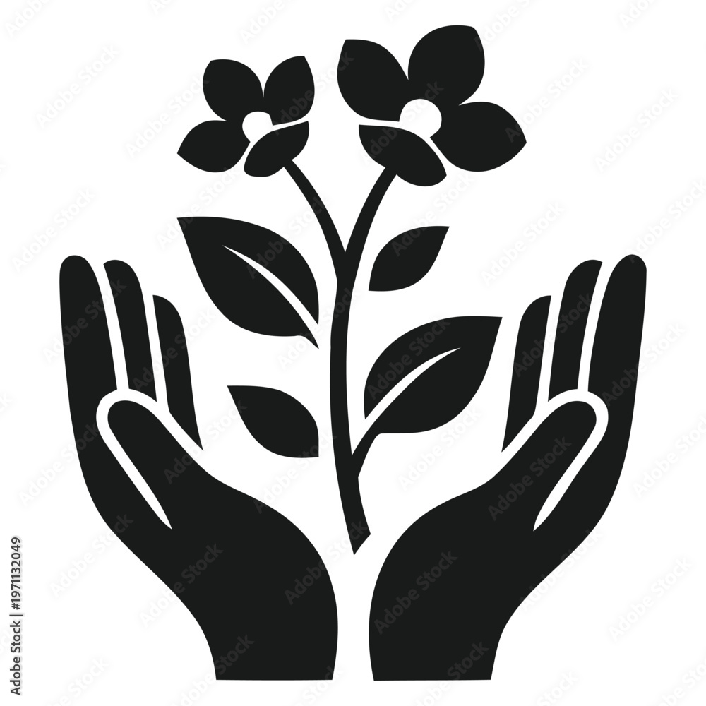 Obraz premium Hands holding a blooming plant with flowers, graphic icon, the image symbolizes