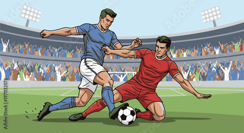 Two male soccer players compete for the ball in a stadium with spectators