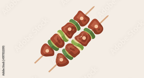 Two meat and green pepper skewers against a cream background