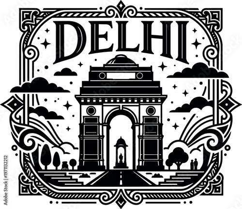India gate delhi landmark with decorative border