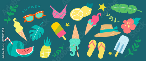 Colorful summer icons with ice cream, tropical leaves, and beachwear. Summer vibes with ice cream and tropical themes. Fun summer and tropical elements. Cute illustrations, isolated vector set.