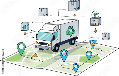 Logistics delivery service concept with truck on map, shipment tracking system, supply chain management, transportation route, parcel distribution illustration design