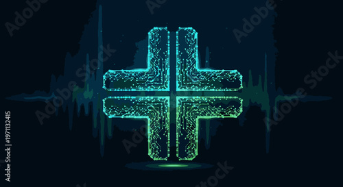 Abstract digital medical cross symbol with sound wave on dark background