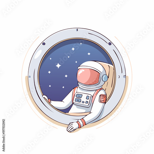 Astronaut peeking through a spaceship window at the starry night sky, contemplating the vastness of the cosmos