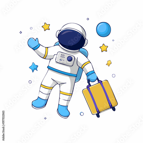 Whimsical cartoon astronaut character embarking on an exciting cosmic journey through the starry galaxy, ready for an interstellar vacation with their yellow suitcase and exploring the unknown