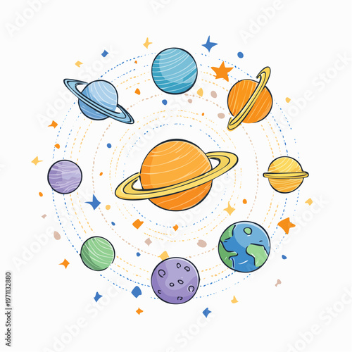 Whimsical Hand-Drawn Solar System with Planets and Stars, Illustrating Cosmic Wonder and Celestial Bodies in a Playful and Artistic Style