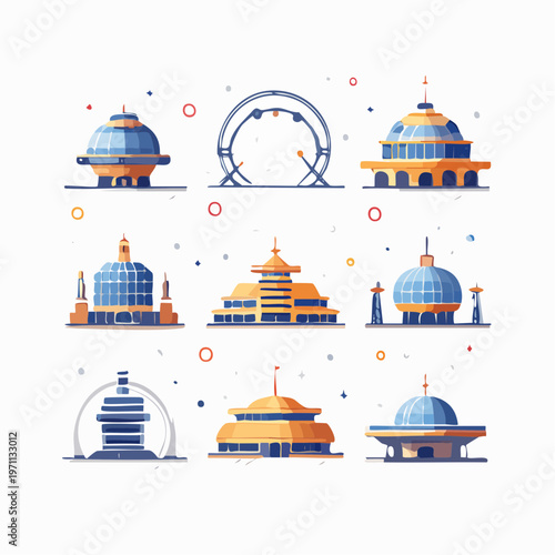 Collection of Futuristic Architectural Buildings and Structures with Domes and Arches, Representing Modern Cityscapes and Urban Design