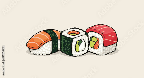 Three stylized pieces of sushi, including nigiri and maki rolls with salmon and avocado filling