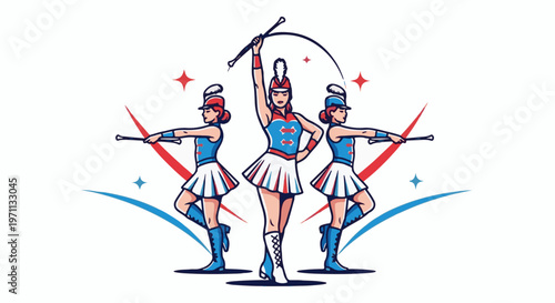 Three stylized women in marching band uniforms twirl batons