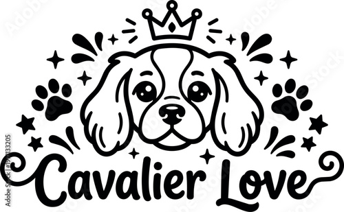 Black and white line art cavalier dog head with crown and cavalier love text