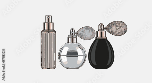 Three vintage perfume bottles, one tall ribbed, one round clear, one teardrop black