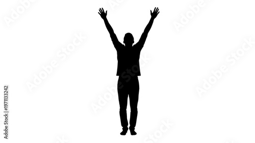 Man in suit with arms raised.