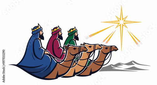 Three wise men on camels guided by a bright star in the desert