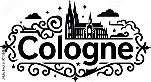 Cologne cathedral silhouette with ornamental swirls and stars black and white vector art