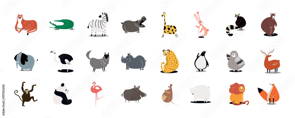 Obraz premium Illustration of various animals including a tiger, zebra, giraffe, and penguin. Cartoon style animals in a grid layout, featuring diverse wildlife characters. Animal illustrations, isolated vectors.