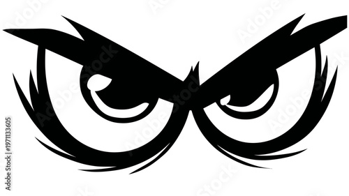 Intense angry cartoon eyes vector graphic. Fierce watchful gaze with dark eyebrows and pupils, symbolizing aggression or determination.