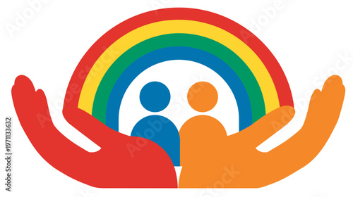 Caring hands supporting diverse people under a vibrant rainbow arc, symbolizing community, unity, inclusion, and hope.