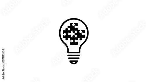 Creative lightbulb with interlocking puzzle pieces icon representing innovation, problem-solving, teamwork, and idea generation for business solutions.