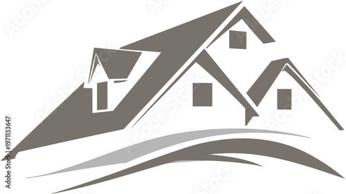 Stylized gray house roofs illustration with abstract wave, representing real estate, residential property, home, and construction concept.
