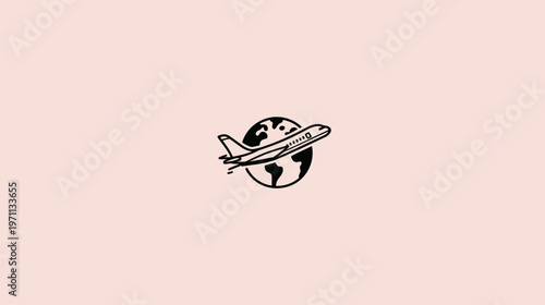 Minimalist black outline illustration of an airplane circling a world globe, representing global travel, international flight, and aviation concept.