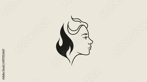 Minimalist line art illustration of a woman's profile with stylized flame hair, symbolizing passion, strength, and inner fire