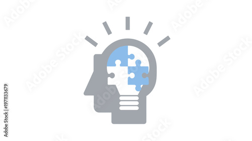 Innovation concept: Human head silhouette with lightbulb and puzzle pieces symbolizing creative thinking, ideas, solutions, and teamwork.