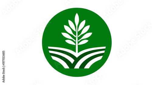 Green circle logo with stylized plant, leaf, and agricultural fields representing growth, nature, agriculture, and sustainability