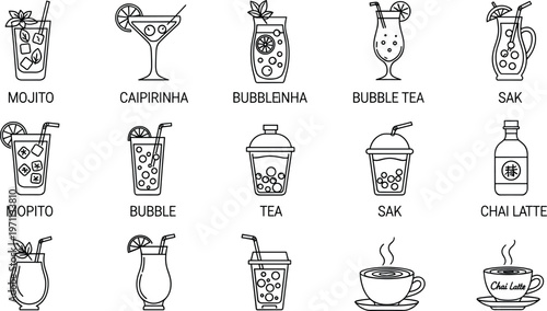 Minimal beverage icon collection featuring bubble tea, takeaway coffee, juice, milk carton, and cocktail line drawings