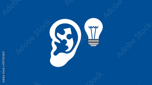 Hearing solution concept with puzzle piece in ear and lightbulb icon, representing understanding, innovation, and auditory health