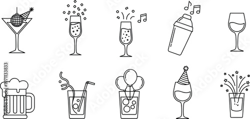 Minimal beverage icon set with cocktail, beer, wine, soda, party drinks, and celebration glass line illustrations