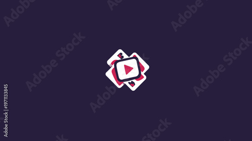 Modern multimedia content player icon with overlapping abstract shapes and a red play button symbol on a dark background