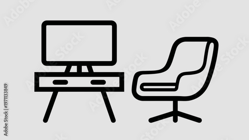 Modern home office setup icon with computer monitor on desk and ergonomic swivel chair. Workspace furniture illustration.