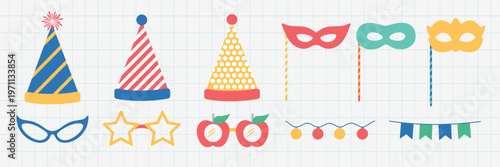 Colorful party hats and masks in various designs. Includes striped, polka dot hats, and festive masks. Party accessories for celebrations and fun events. Party illustrations, isolated vector set.