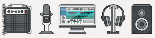 Illustration of audio equipment: amplifier, microphone, computer with audio software, headphones, and speaker. Audio tools for music production and sound editing. Music illustrations, isolated vectors