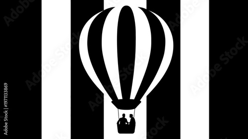 Monochrome hot air balloon with two people in a basket, against a black and white striped background. Graphic design illustration.