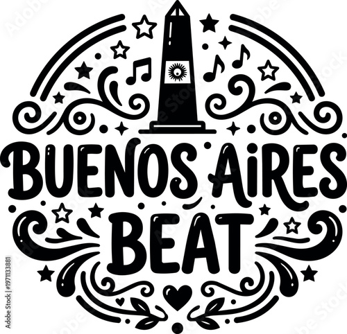 Buenos aires beat with obelisk landmark and musical notes black and white vector art