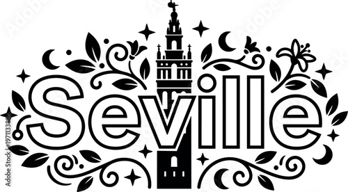 Seville lettering with giralda tower silhouette and ornamental floral swirls black and white vector art
