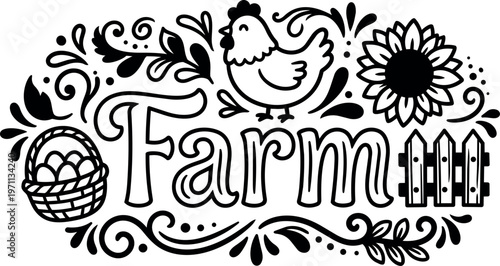 Black and white farm lettering with chicken sunflower basket and fence vector art