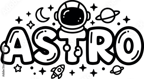Astro word with astronaut helmet and space icons black and white line art