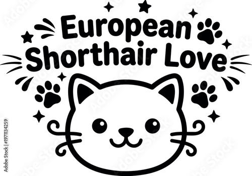 Cute european shorthair love cat face with paws and stars vector art