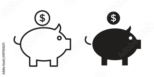 Piggy bank icon set, collection of icon in editable strokes and flat versions