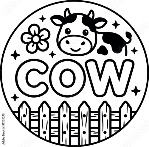 Black and white line art cute cow face flower and wooden fence