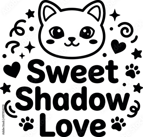 Cute cat face with sweet shadow love text and paw prints vector art